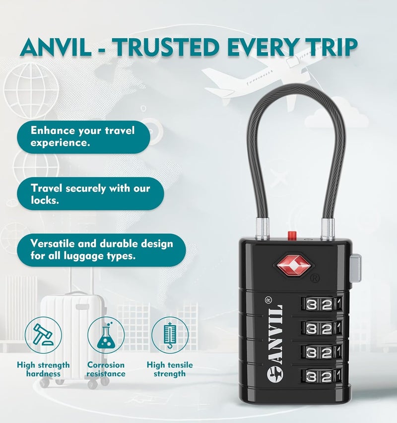 Anvil TSA Approved Luggage Locks, 4 Digit Combination Travel Suitcase Locks with TSA008 Core and Open Alert Indicator, Zinc Alloy Body. (2, Black) - Image 4